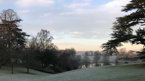 Frosty garden view of big pool.